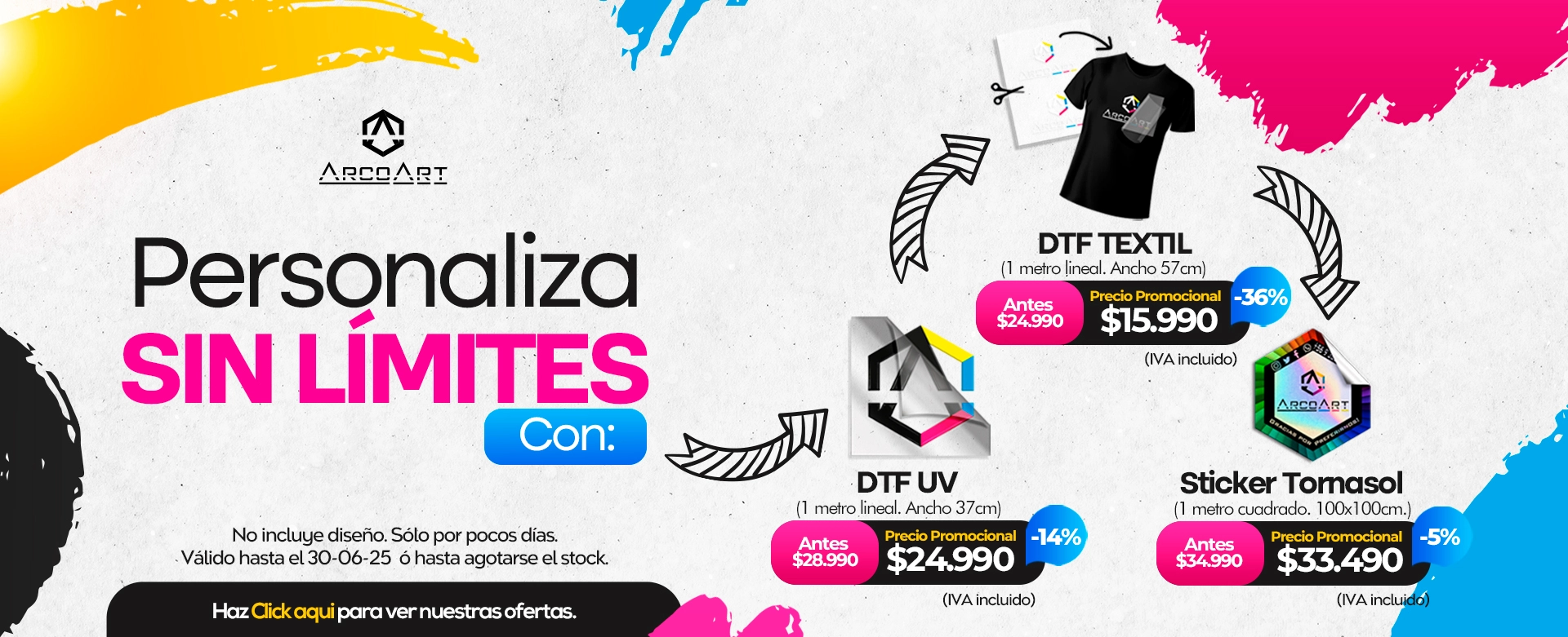 Personaliza SIN LÍMITES con DTF Textil, DTF UV y Stickers Tornasol.