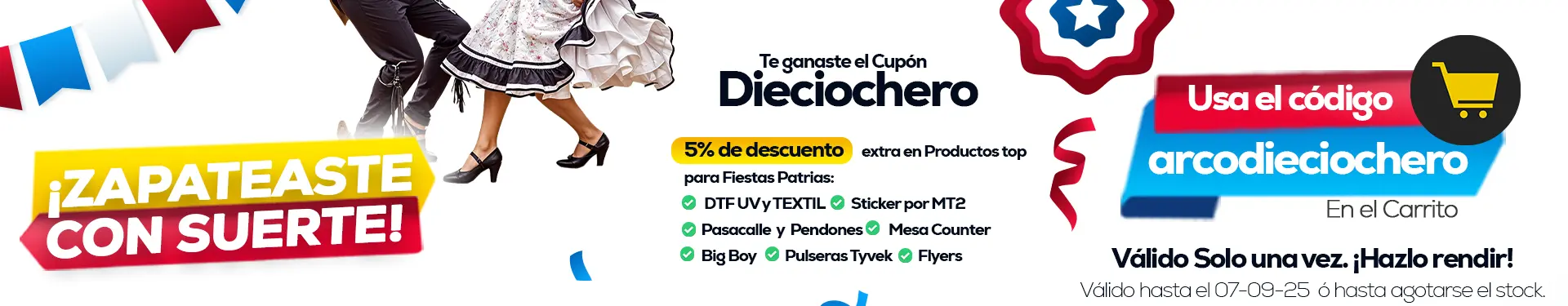 Aplica el código "arcodieciochero" en tu carrito de compras. Así obtendrás 5% de descuento extra en productos de fiestas patrias.